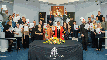 Group shot of all the 2024 Hillingdon Community Awards winners, with the Mayor, Leader and Chief Executive