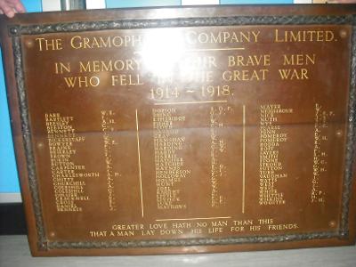 Brass tablet war memorial at EMI Archive Trust