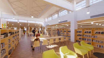 A CGI image of the main shelving area of the new Uxbridge Library in the Middlesex Suite.