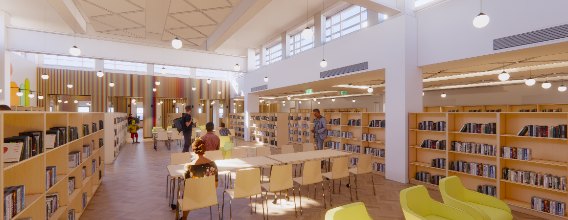 A CGI image of the main shelving area of the new Uxbridge Library in the Middlesex Suite.