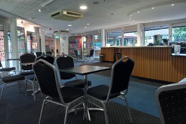 Foyer with a box office counter and toilets at Winston Churchill Theatre